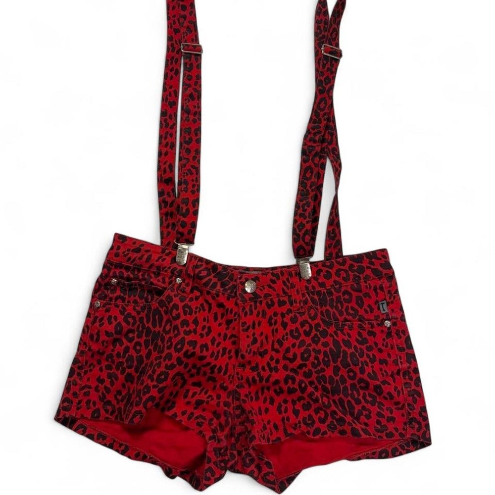 Tripp NYC Mall Goth Red Black Leopard Print Suspender Shorts